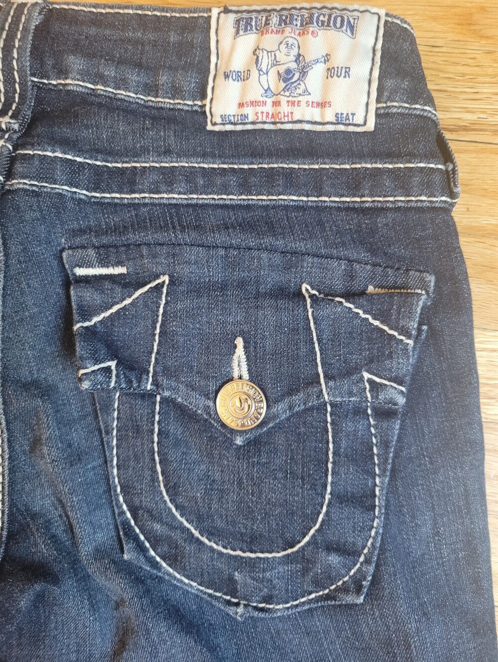 True Religion Low Rise Straight Leg Jeans White Contrast Stitch Y2K Dark Wash